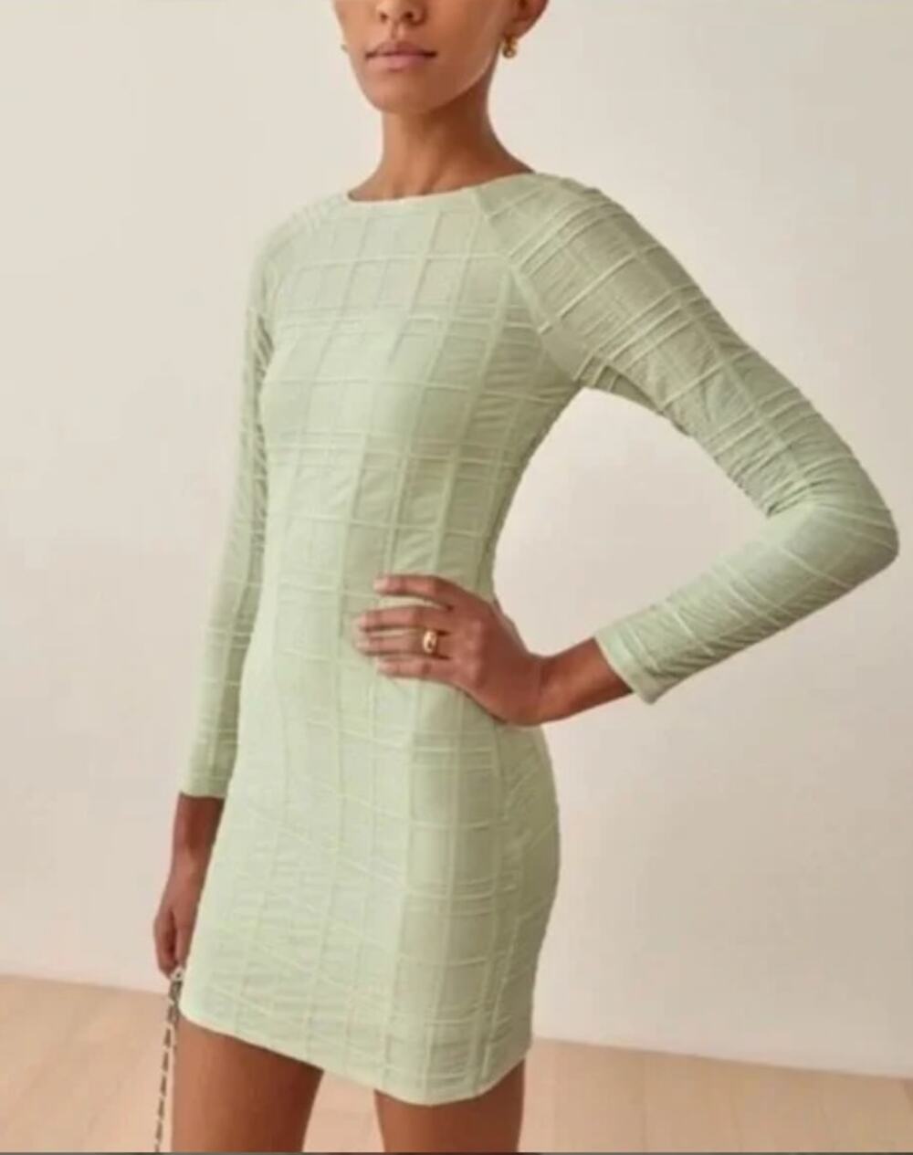 Reformation Dee Dress in Mint Ruched Knit Deadstock Fabric Womans Small